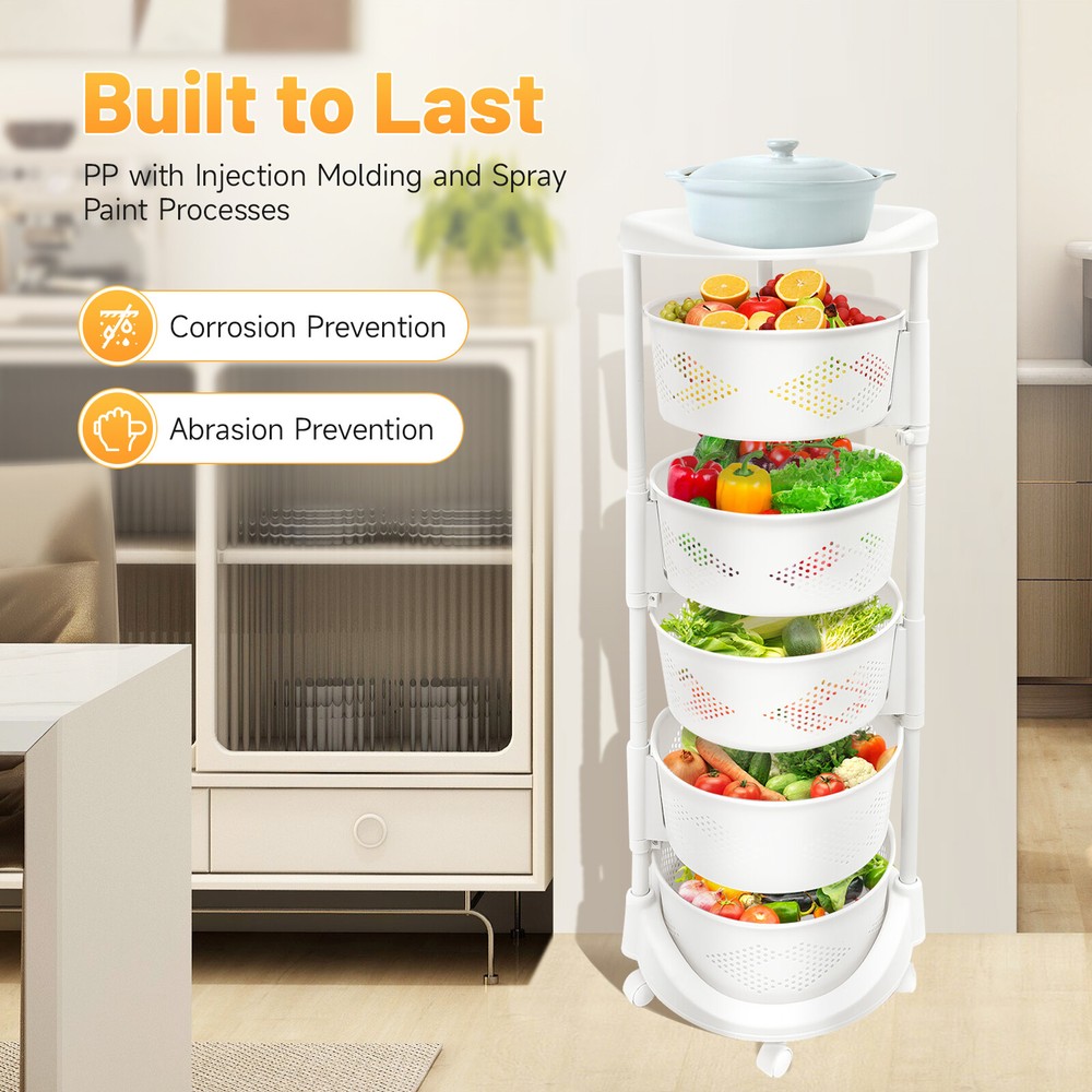 5 Layer Kitchen Rotating Organizer Rack Fruit Vegetable Storage Basket w/ Wheels