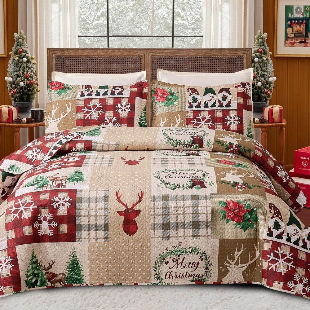 3-Piece Christmas Quilt Set Queen - Luxurious Microfiber with Patchwork Charm