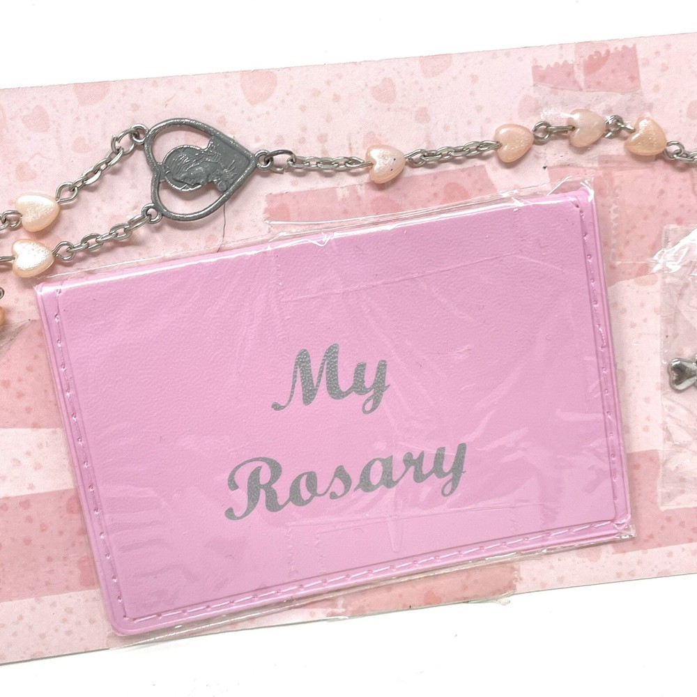 Catholic Rosary Pink Hearts Case Prayers Instructions Gift First Communion