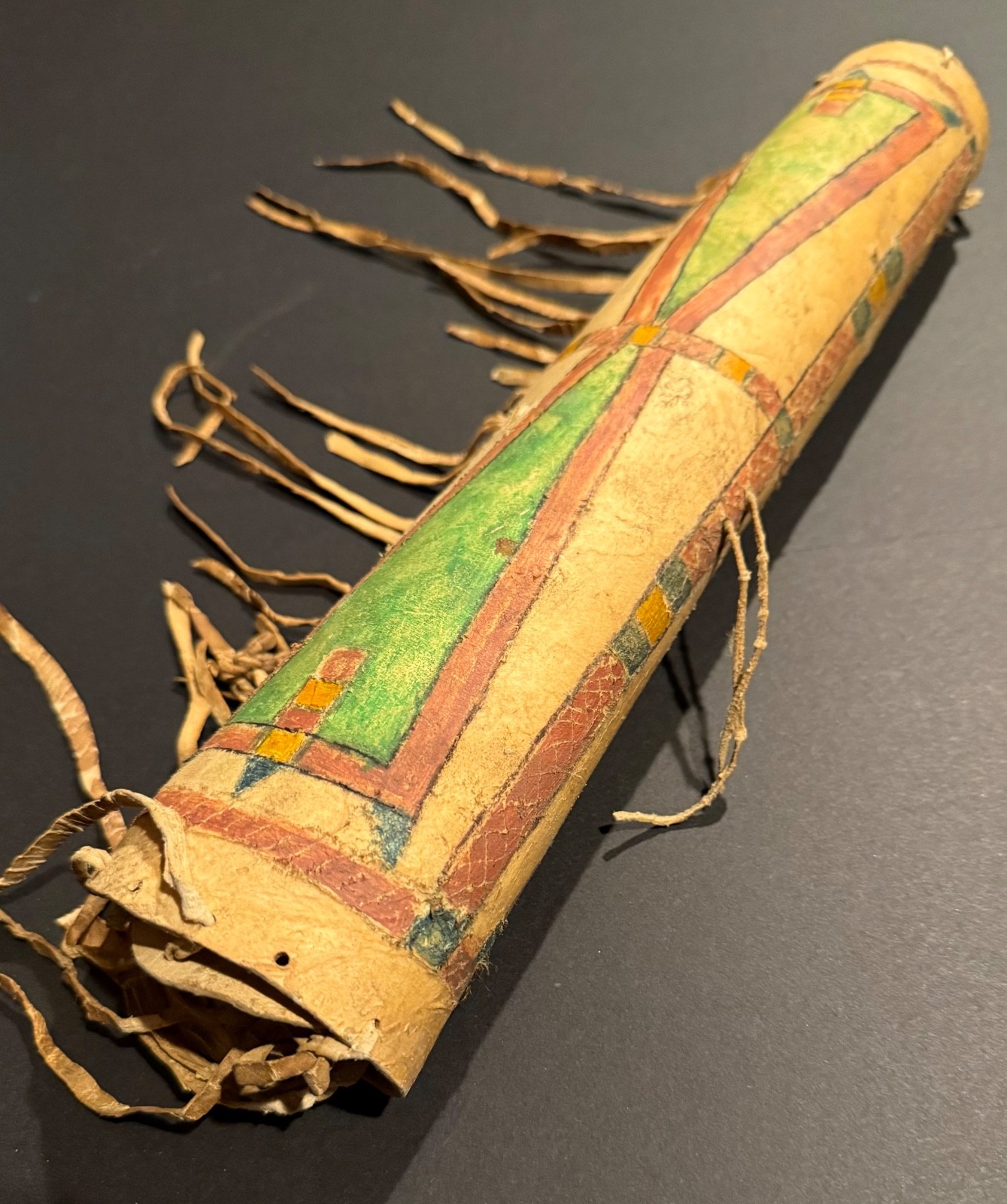 19TH C PLAINS PAINTED PARFLECHE CYLINDER CASE WITH FRINGE, EXCELLENT, NR!