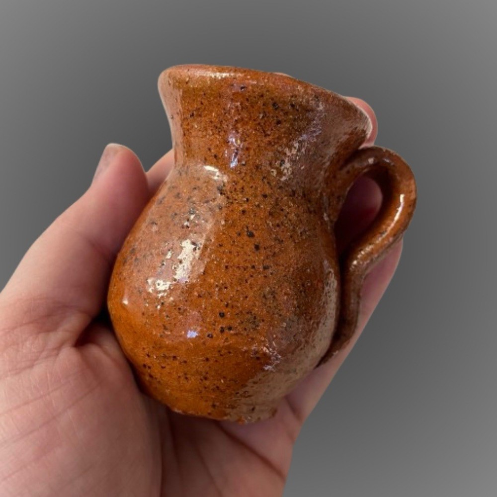 Vintage small speckled redware pottery creamer rustic