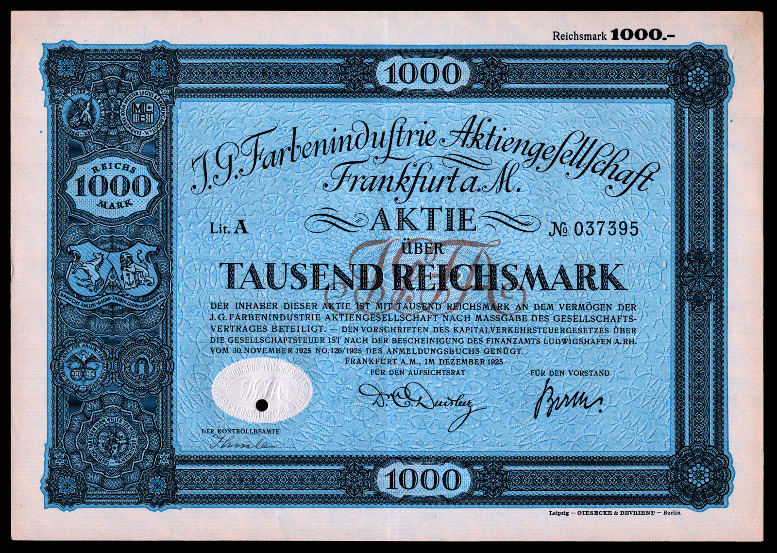 1925 IG Farben (of Zyklon B infamy) Initial Public Offering 2 Piece Stock Set F+