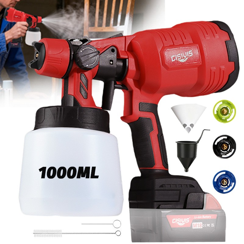 Cordless Paint Sprayer for Milwaukee 18V Battery 1000ML HVLP Spray Paint Gun Red