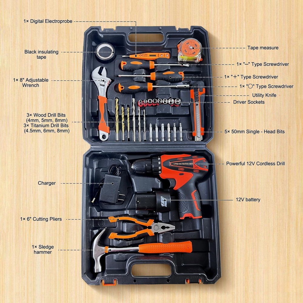 33 Picce Orange Tool Kit with 12V Cordless Drill, Box Drill Driver