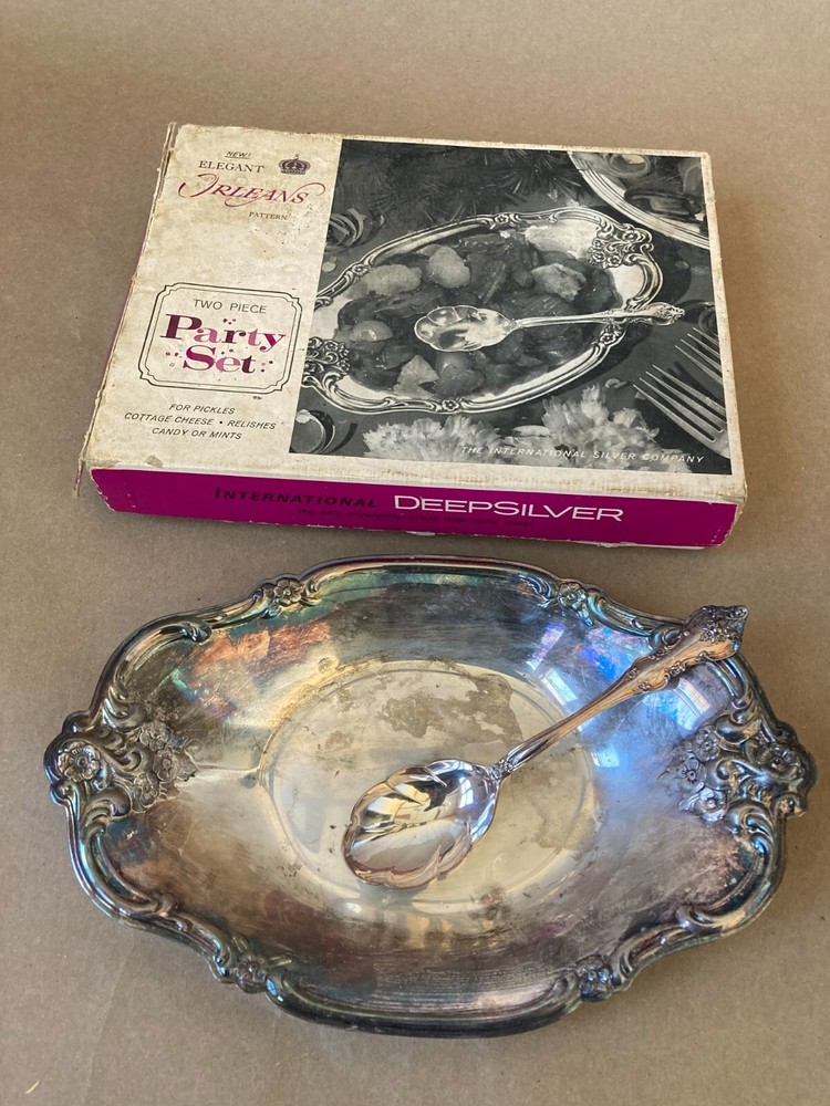 International Deep Silver Two Party Set Tray & Spoon Elegant Orleans Pattern