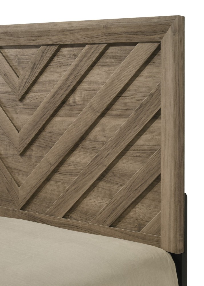 3pc Light Brown Queen Size Chevron-pattern Panel Bed 2x Nightstand Bedroom Set