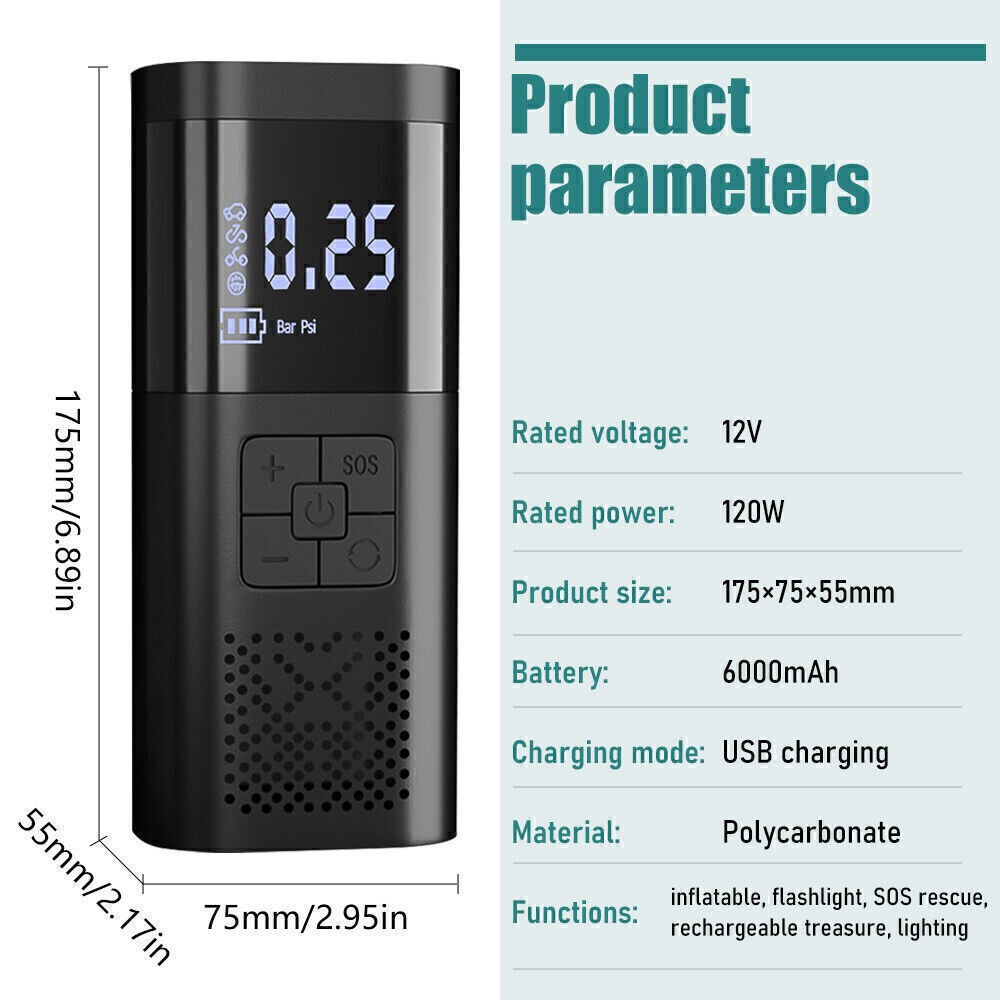 Car Bike Tire Inflator Pump Portable Battery Rechargeable Air Compressor Digital