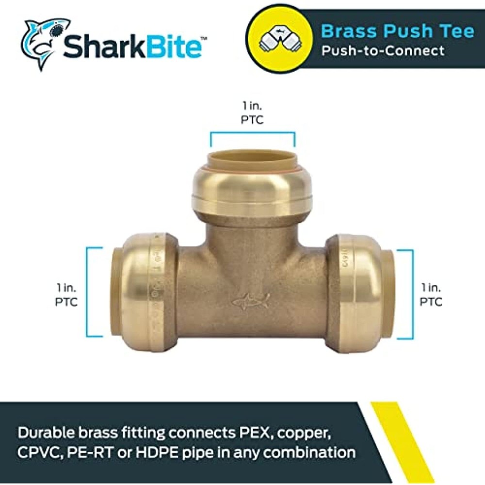 SharkBite 1 Inch Tee, Push to Connect Brass Plumbing Fitting, PEX Pipe, Copper,