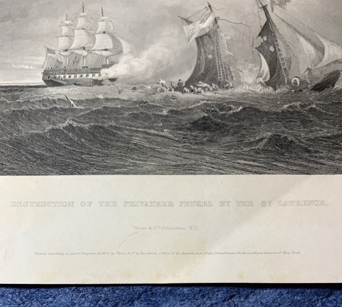 1862 Antique Civil War Print “Destruction of the Privateer Petrel”