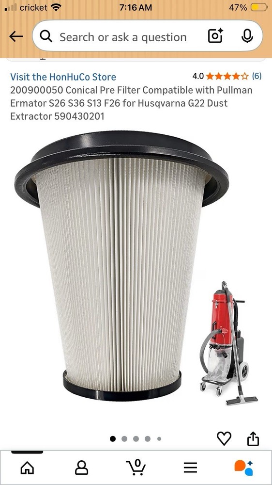 HonHuCo Conical Pre Filter For Dust Extract Pullman Ernator/ Husqvarna