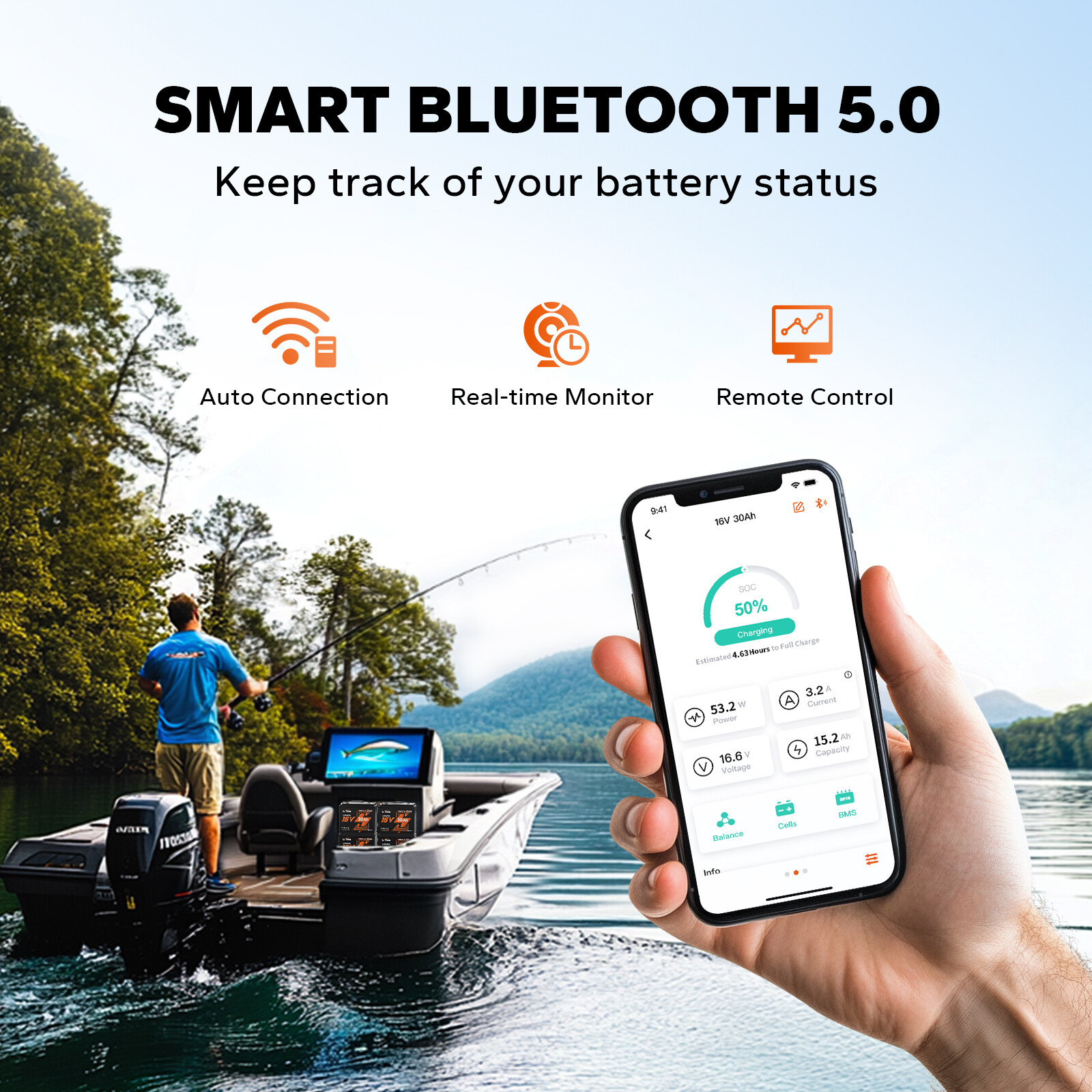 LiTime 16V 30Ah/70Ah/100Ah Bluetooth Lithium Battery Born For Fish Finder Marine