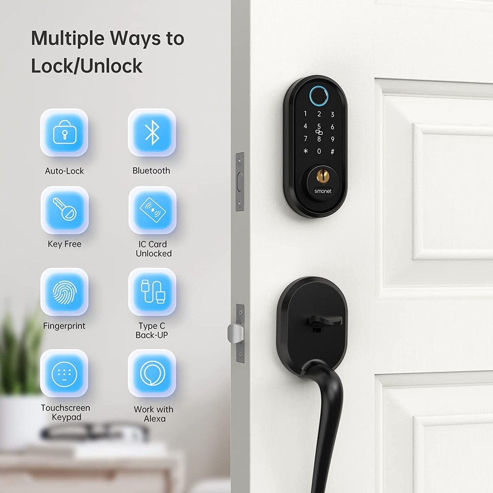 SMONET Smart Front Door Lock Handle Set Fingerprint Keyless Entry Digital Keypad