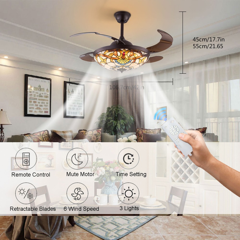42" Tiffany Retractable Ceiling Fan & Remote + Light LED Dimmable Chandelier
