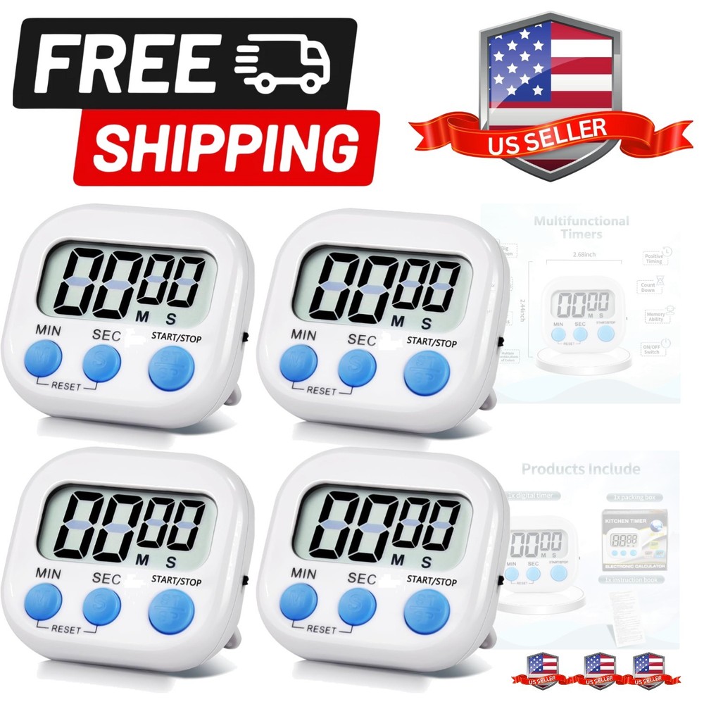 4 Pack White Digital Kitchen Timer Magnetic Digital Timer with Big Display Lo...