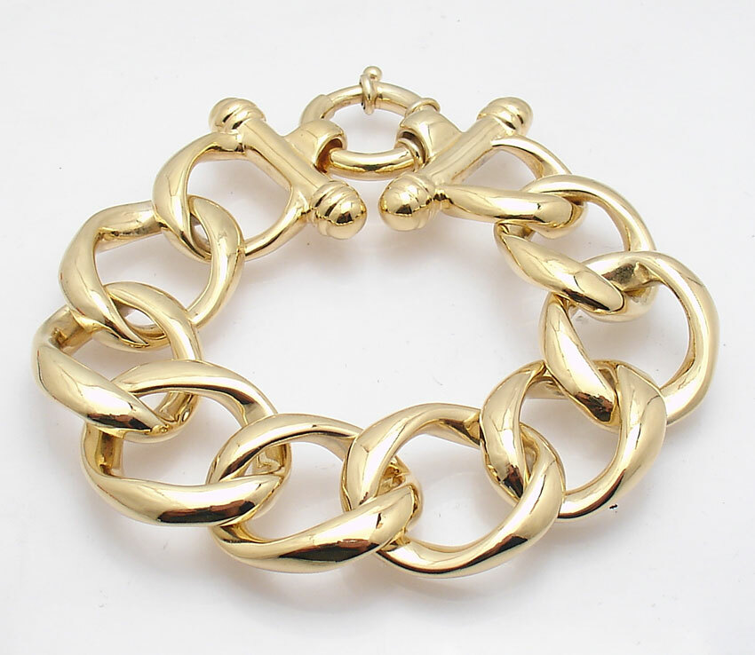 8" Bellezza Bold Open Curb Wavy Link Bracelet Toggle Clasp Solid Yellow Bronze
