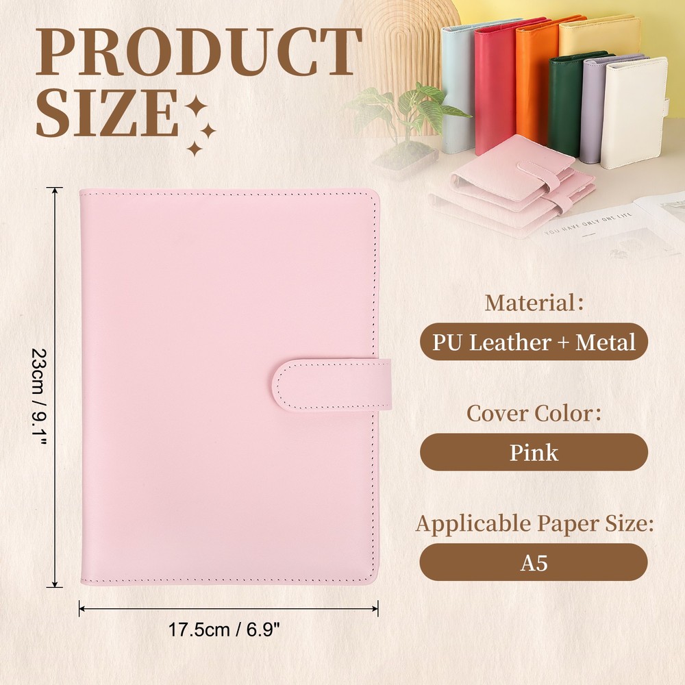 A5 PU Leather Binder Protector, 6 Ring Loose Leaf Notebook Shell, Pink