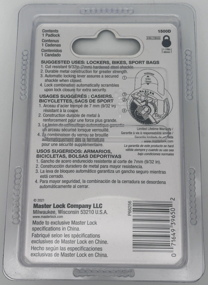 Master Lock 3-Digit Combination Padlock 1500D 1-7/8" Width, 3/4" Shackle