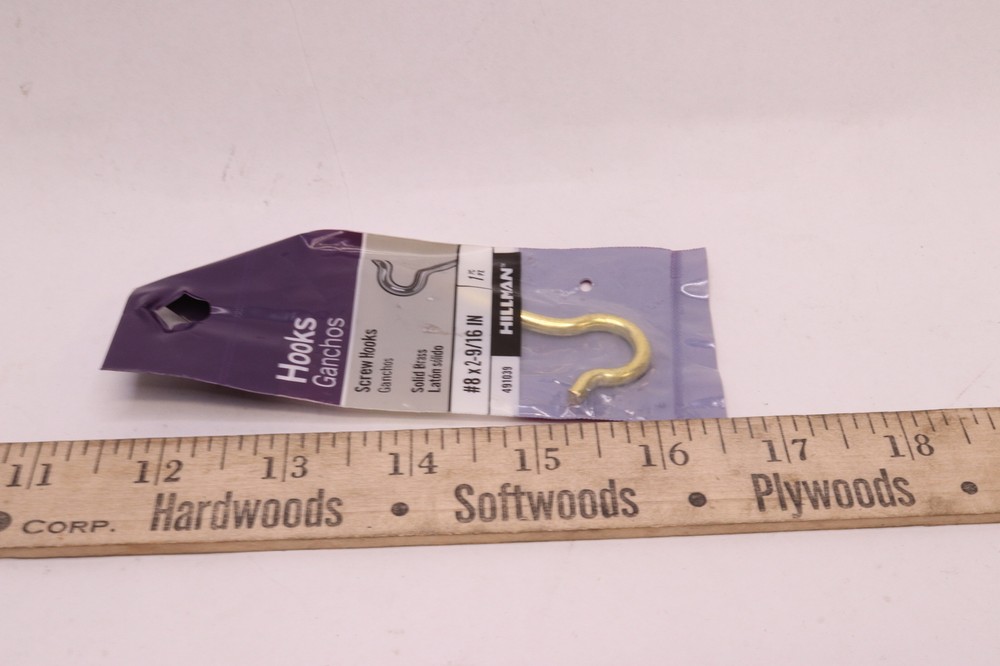 Hillman Screw Hooks Solid Brass #8 x 2-9/16" 491039