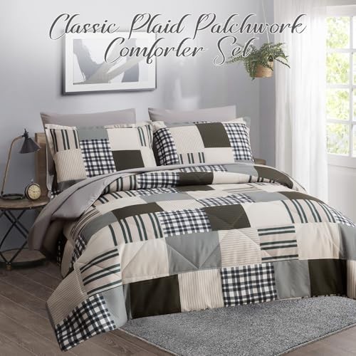 Comforter Set King Size Plaid Patchwork King-7 Pieces Buffalo Plaid Patchwork