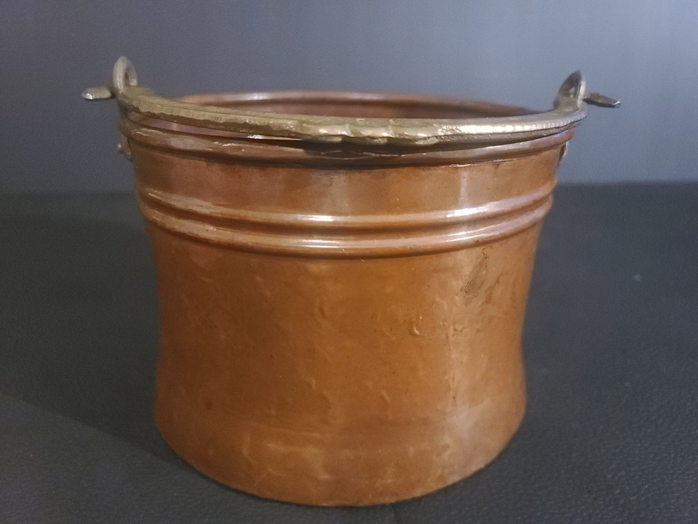 Copper Pot Cauldron Riveted Brass Handle Rivets Rustic Primitive Cottage AKSA 13