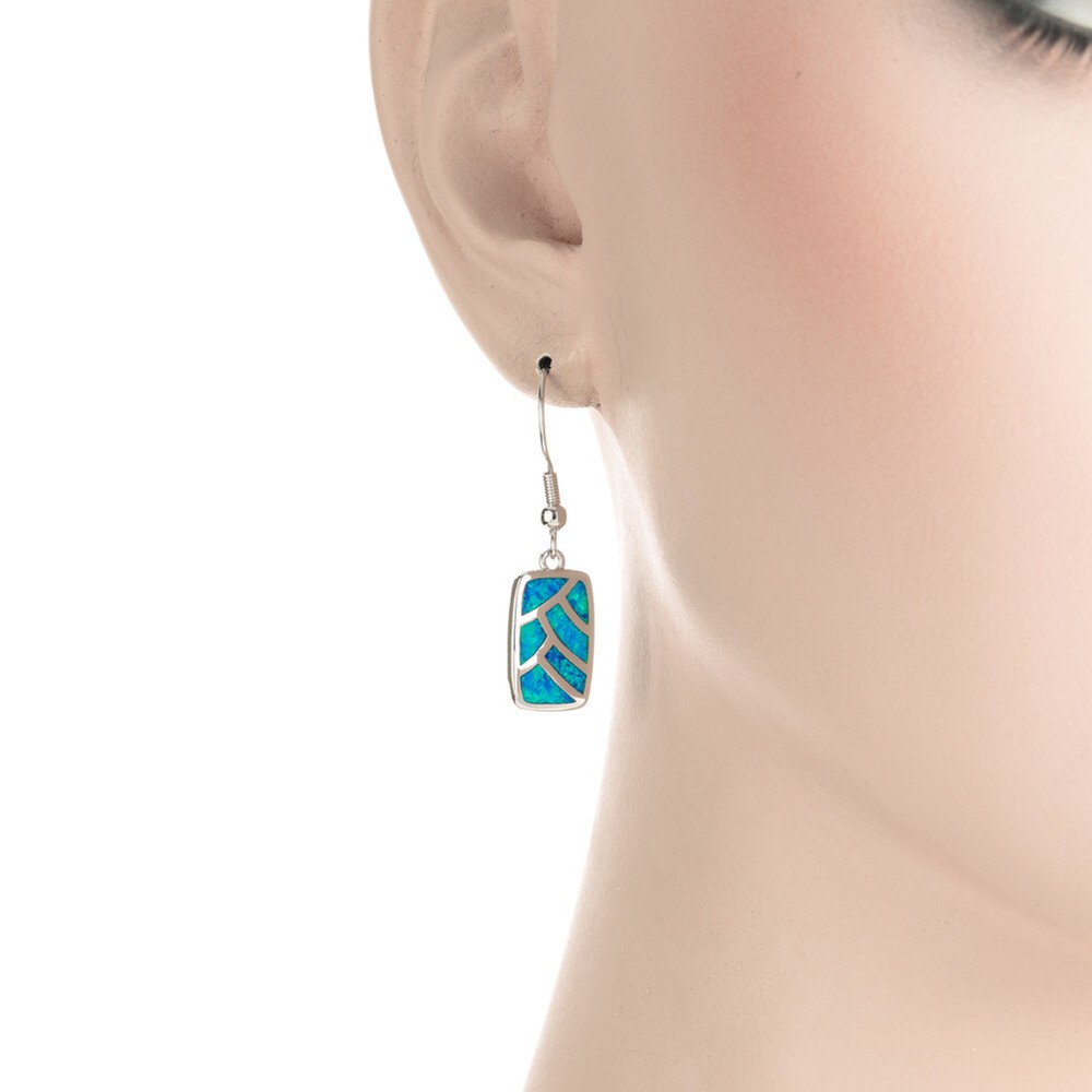 Rectangle Shape Ocean Blue Fire Opal Silver Jewelry Dangle Drop Earrings