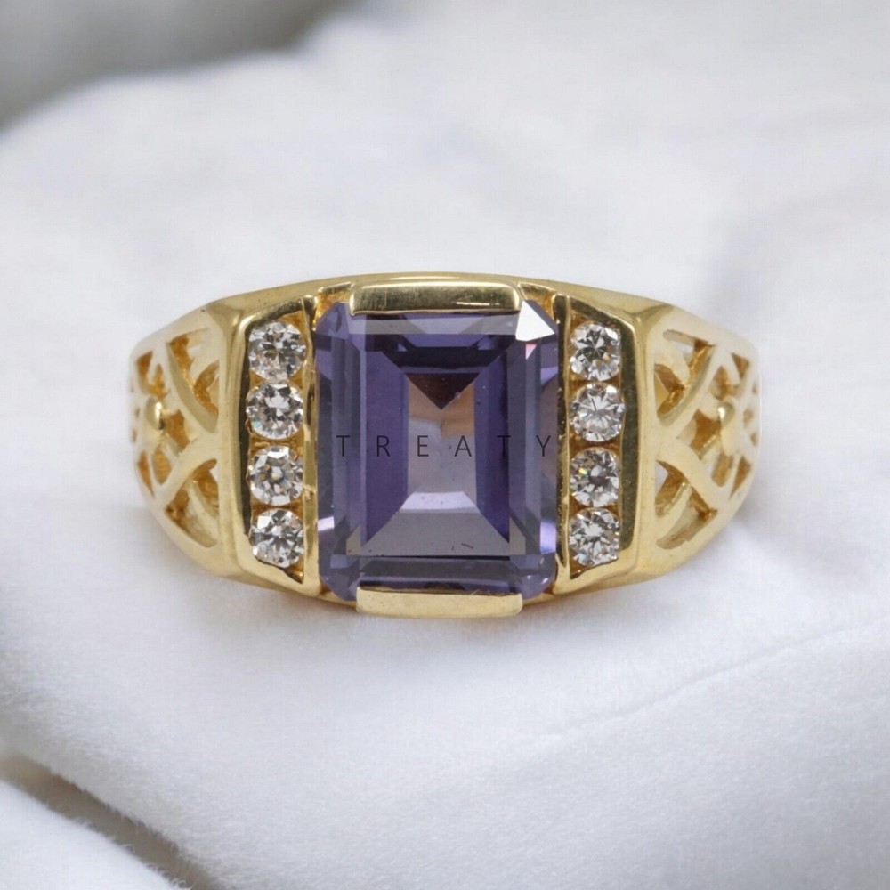 Amethyst Emerald Cut Gemstone With 14K Solid Gold  Ring For Men's #626