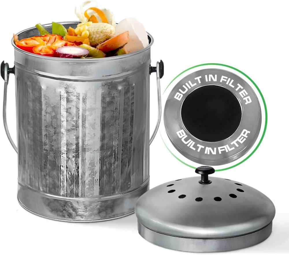Countertop Compost Bin Kitchen W/ Lid Red 1.5 Gallon Odorless Compost Container
