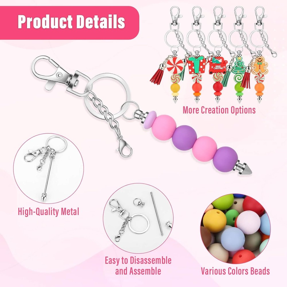136 Pcs Beadable Keychain Making Kit, Silicone small or miniature, silver