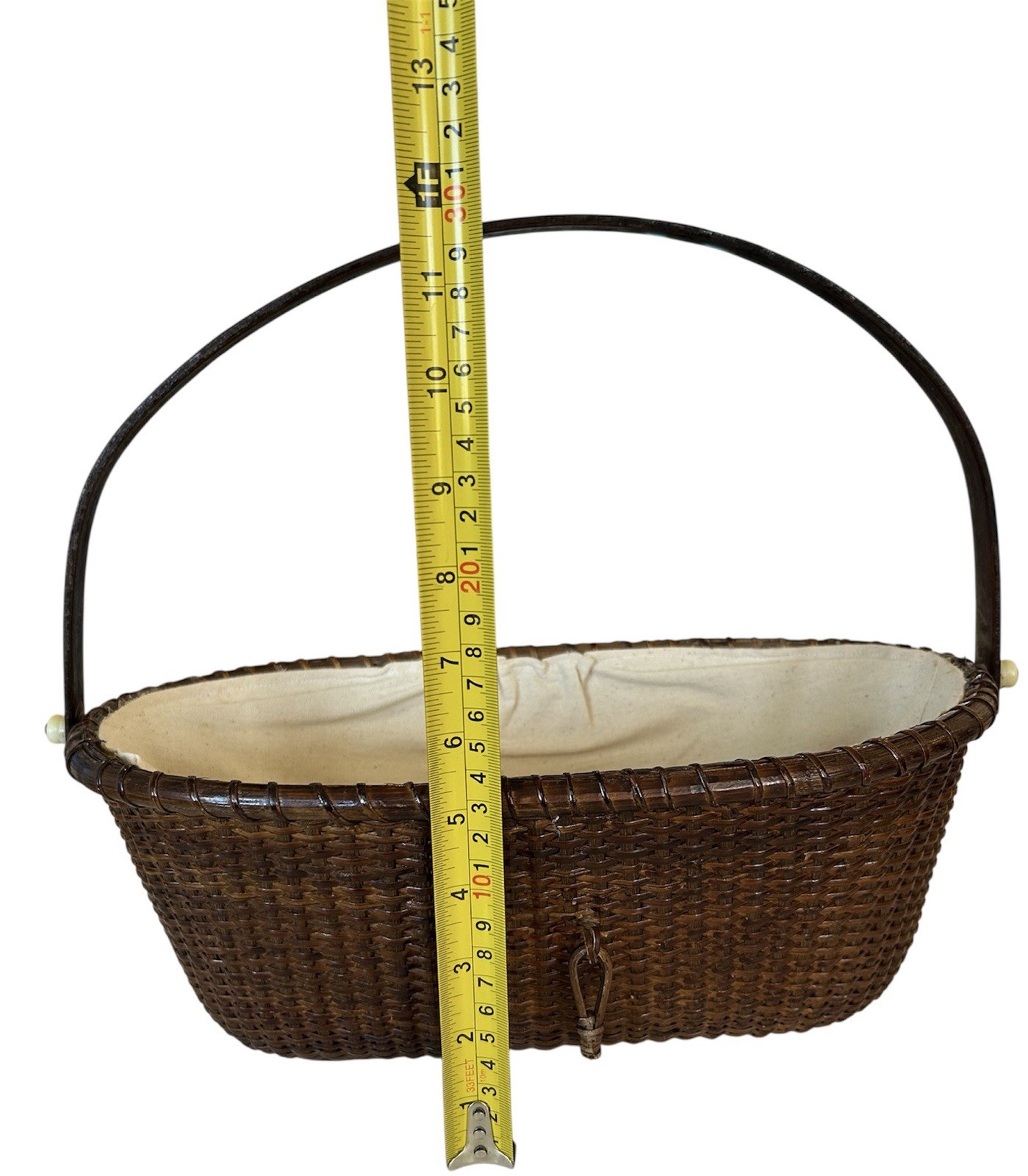 Antique Nantucket Lightship Basket - Swing Handle - Wood Bottom - Handwoven Cane