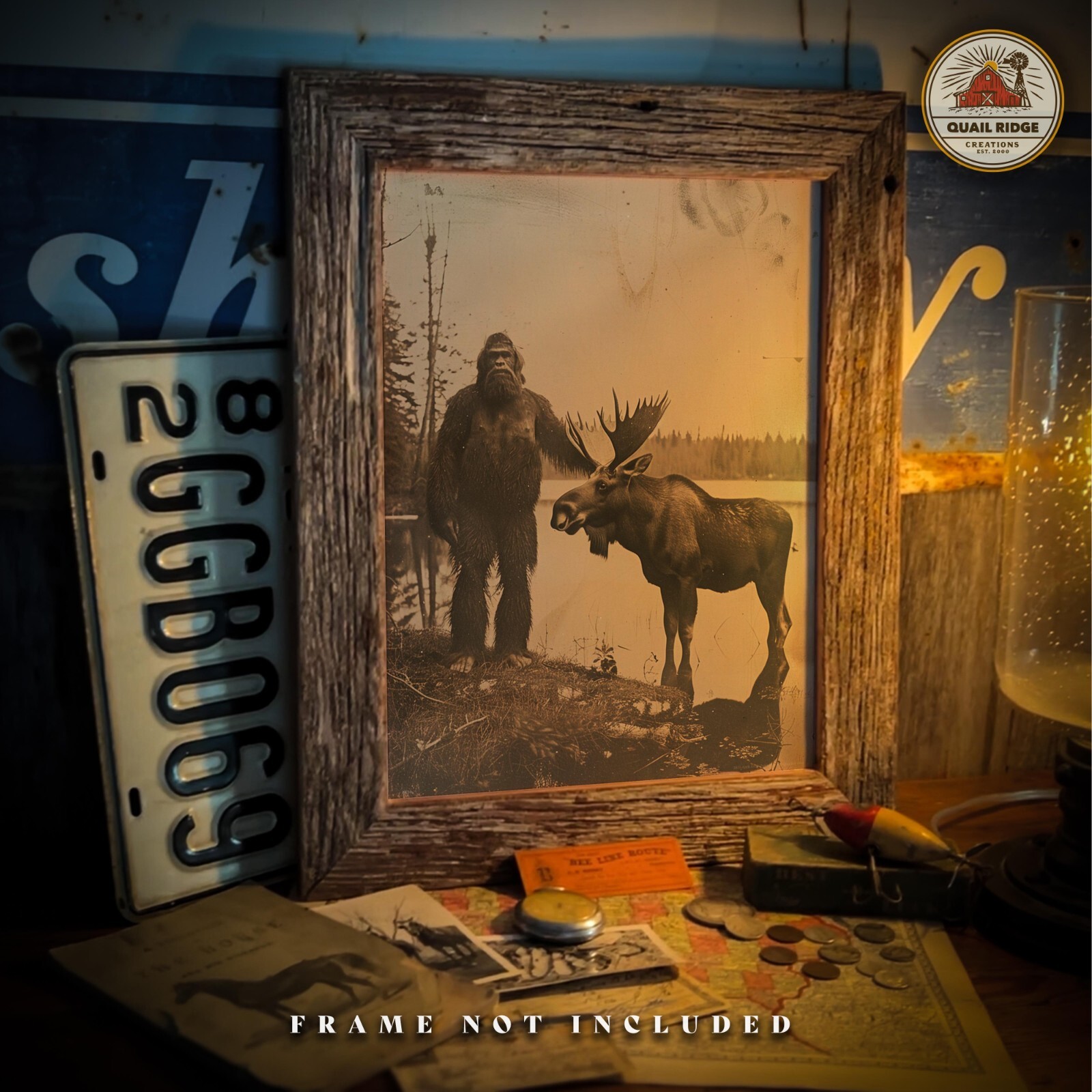 Vintage Bigfoot Sasquatch Moose Photography Art Print Deer Hunting Cabin Artwork