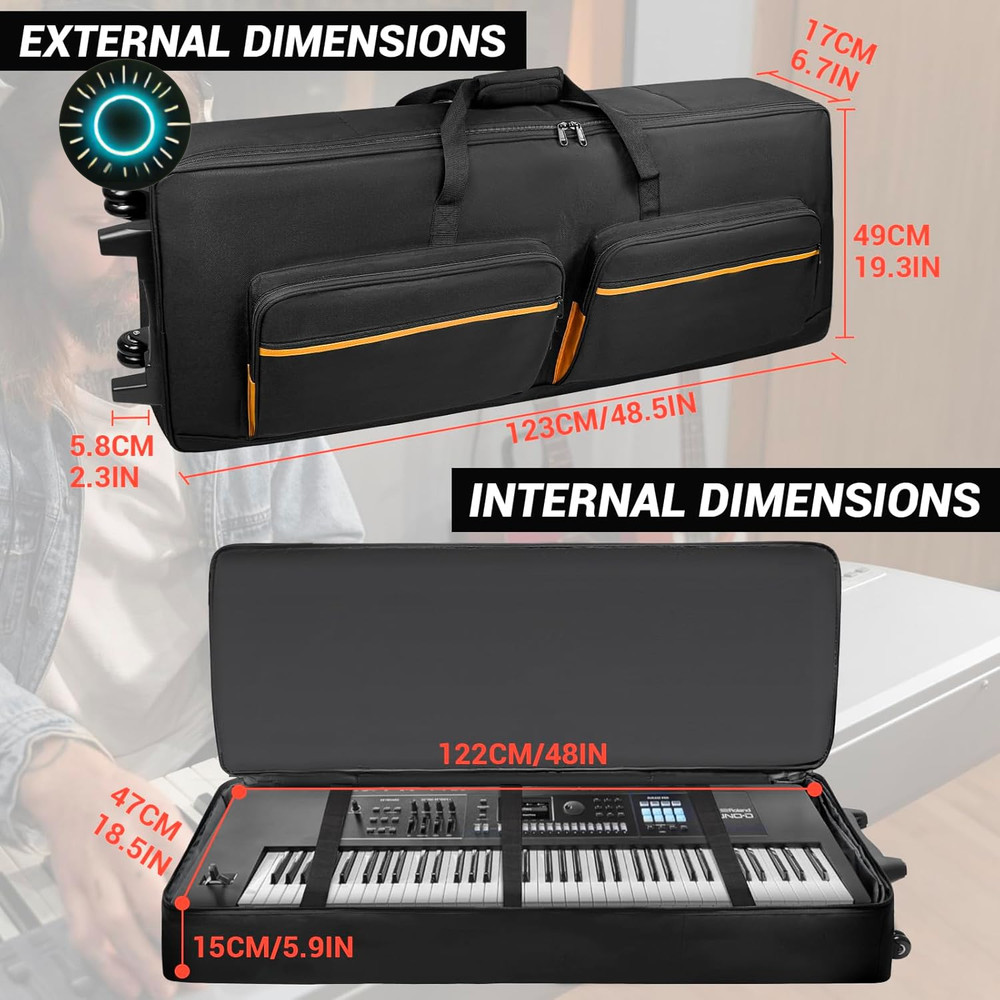 73/76 Key Keyboard Case with Wheels & Adjustable Shoulder Straps– Padded Rolling
