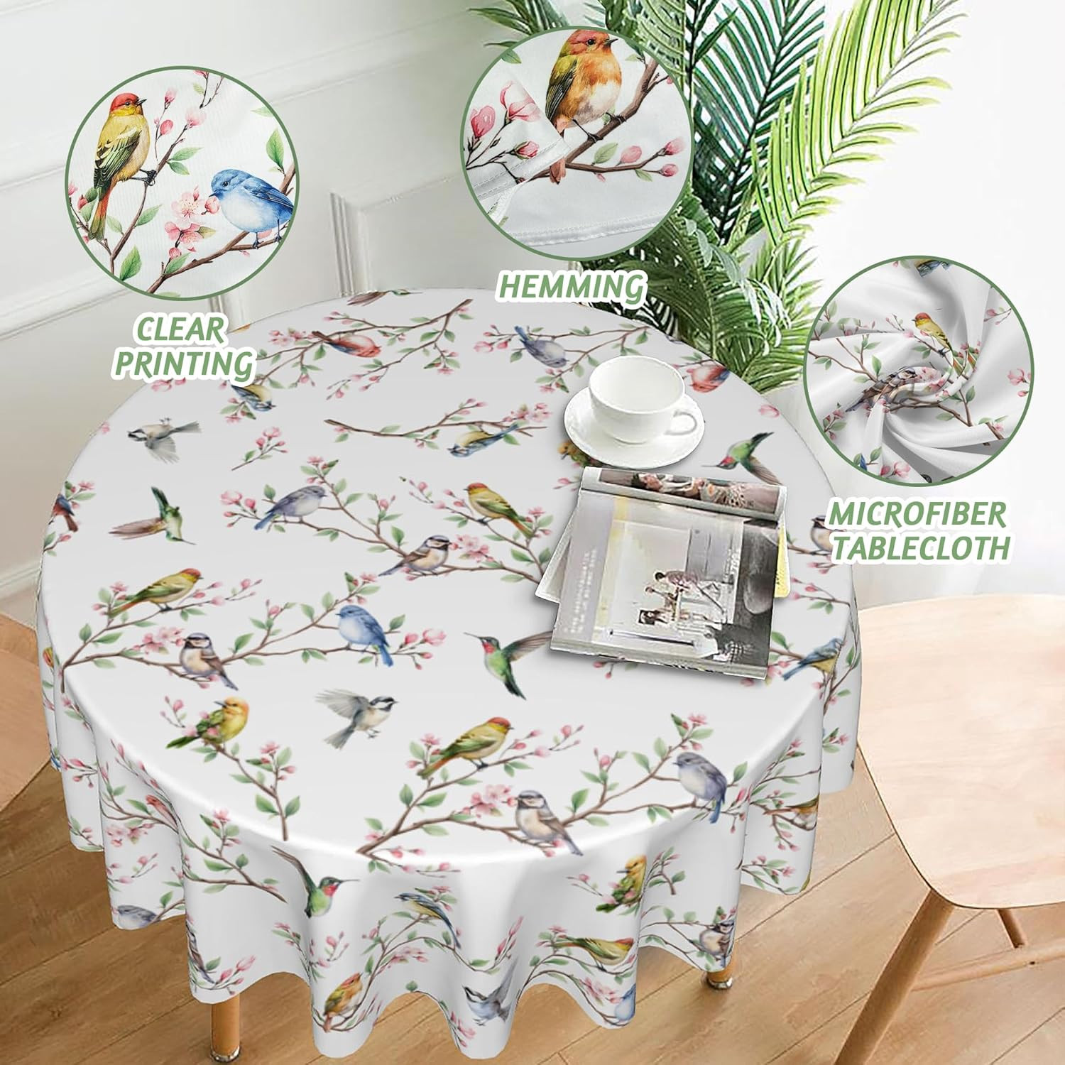 Spring Summer Tablecloth round 60 Inch, Birds Branch Floral Table Cloth Washable
