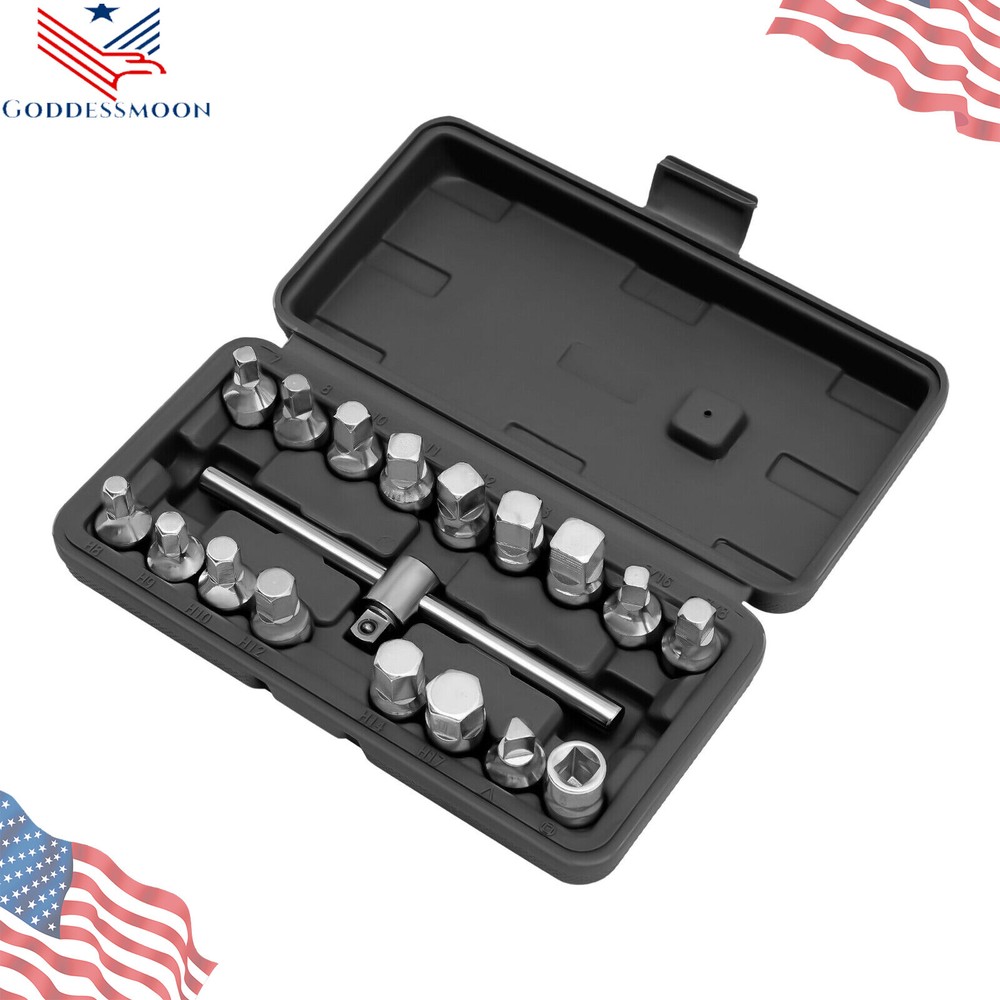 Oil Drain Pipe Plug Hexagon Square Socket Key Removal Tool Set 18Pcs 3/8''Drive