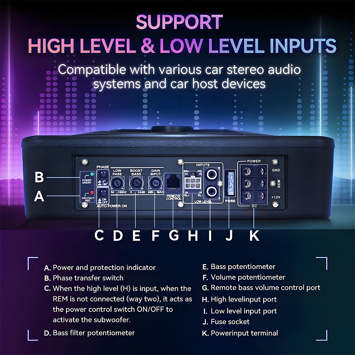 800W Wireless 10'' Slim Under Seat Powered Car Subwoofer w/Built-in Amplifier