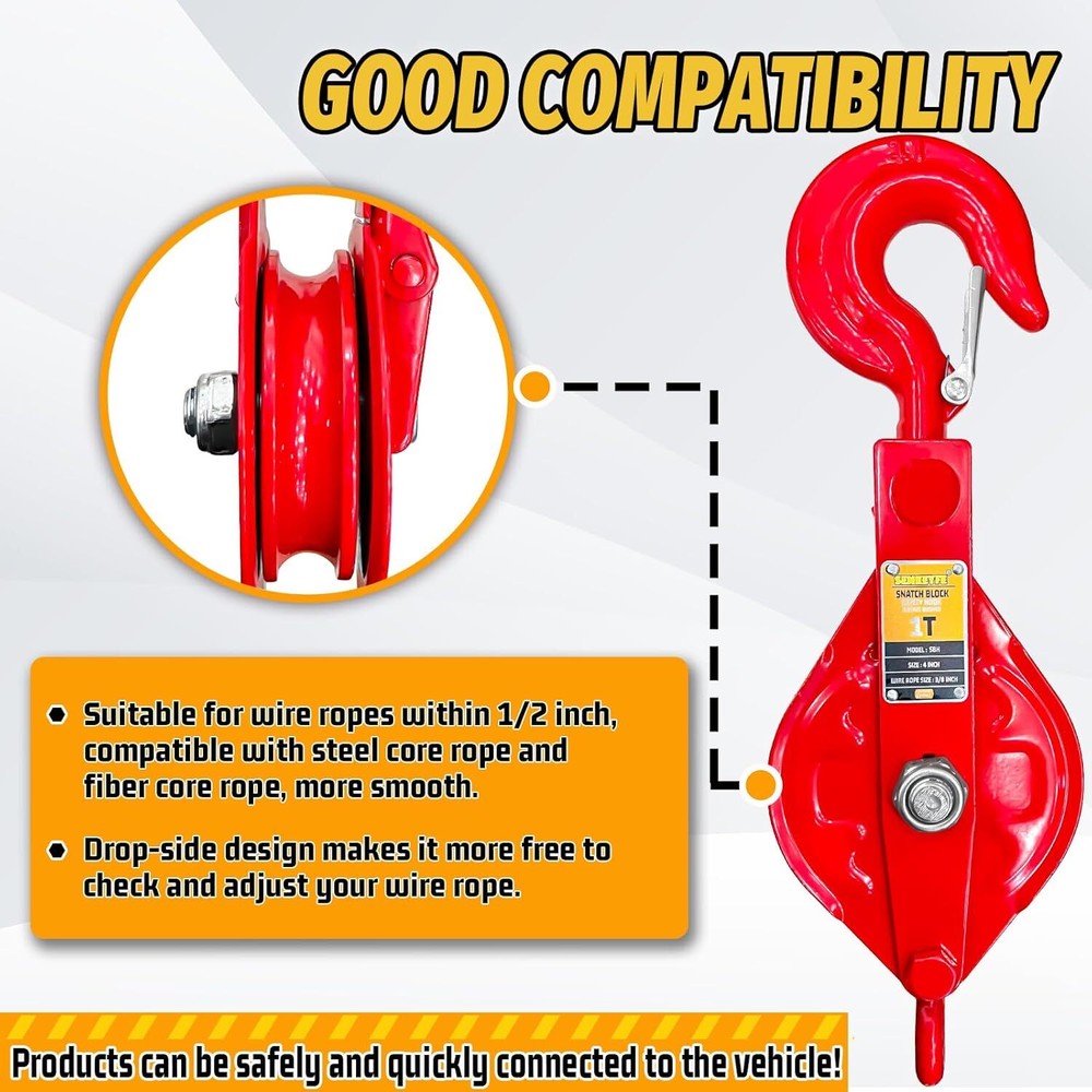 1 Ton Snatch Block with Hook, Snatch Block Pulley with Easily Removable Side Pan