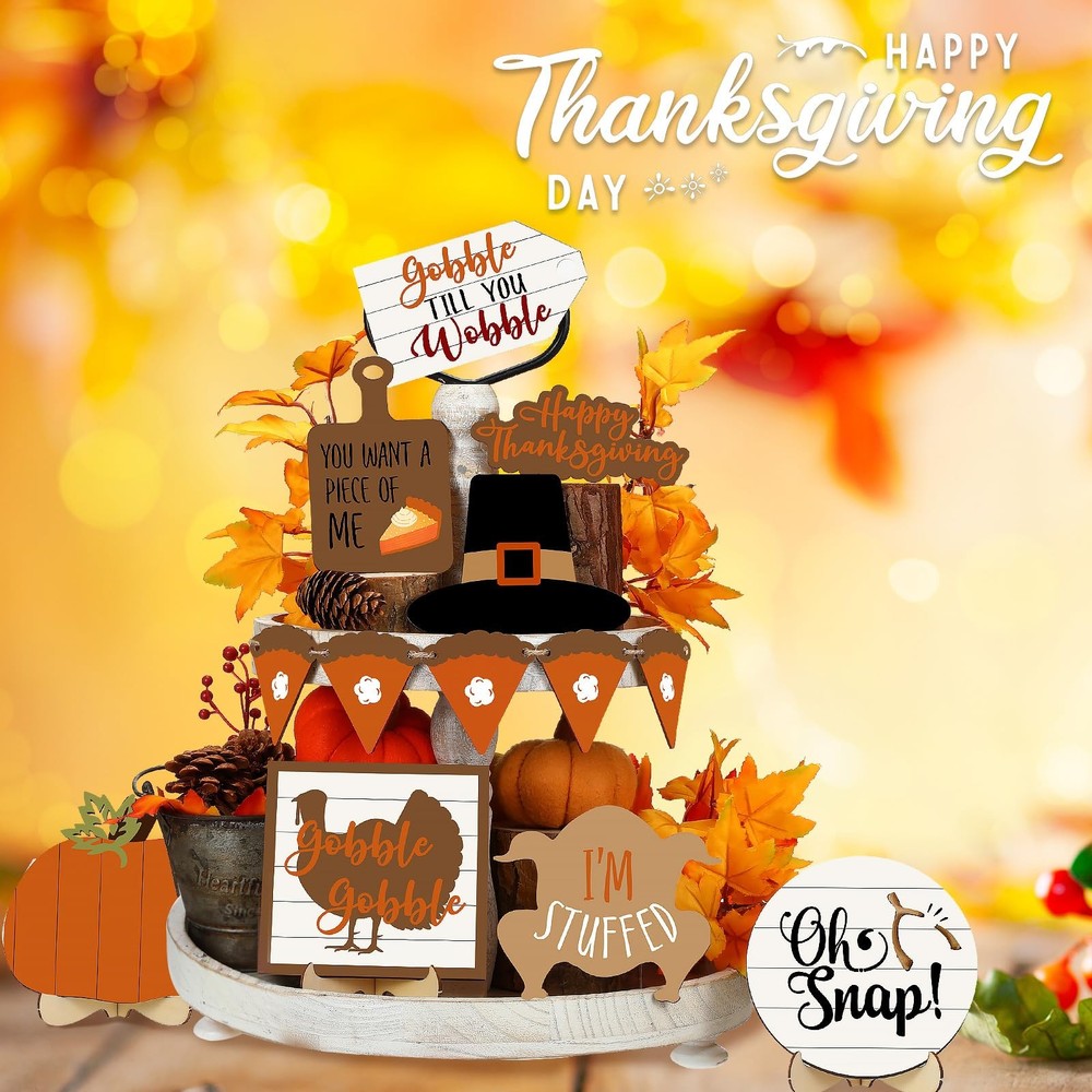 19 Pcs Fall Tiered Tray Decor Set Thanksgiving Decorations Pumpkin Maple Leaf...
