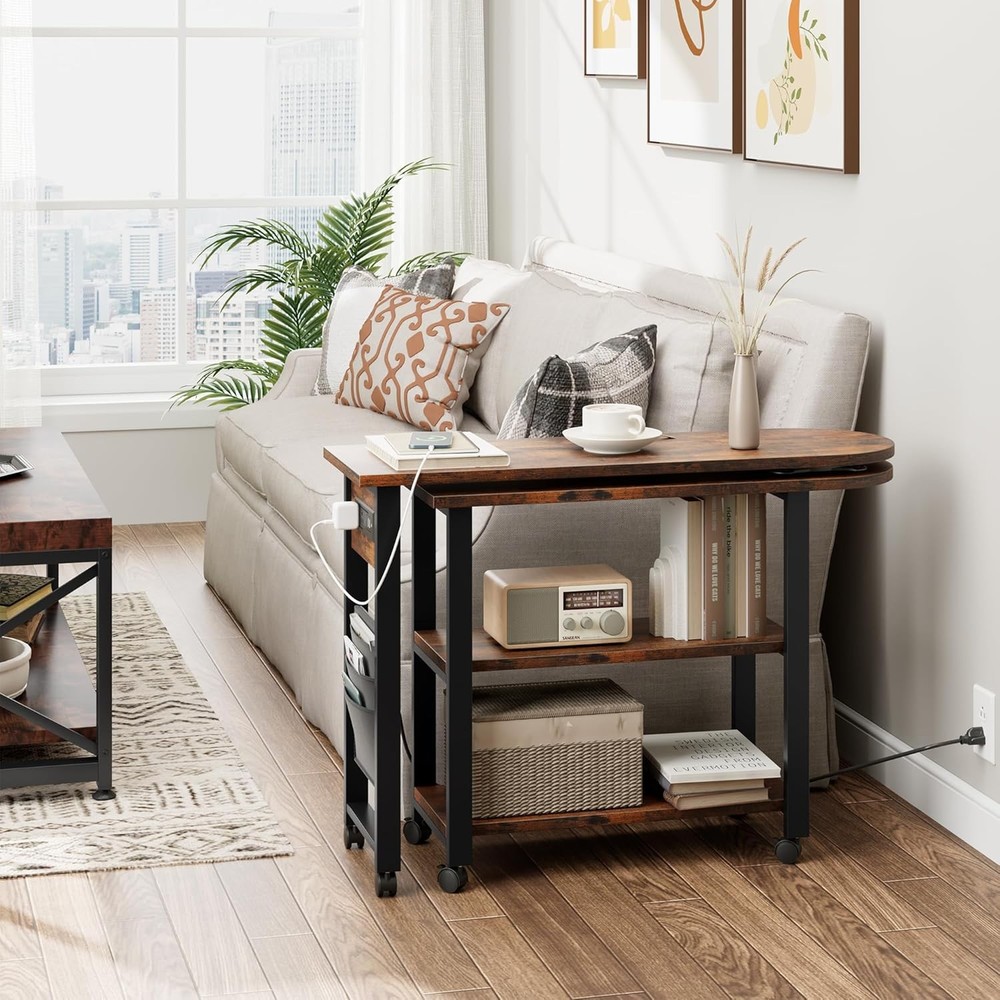 Rotating End Table With Charging Station Sofa Side Table With Extra Storage Bag
