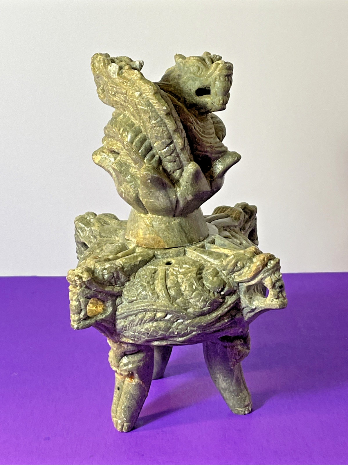 Chinese Stone TRIPOD Jar Lidded Dragon Lion Carved Two Piece Incense Burner