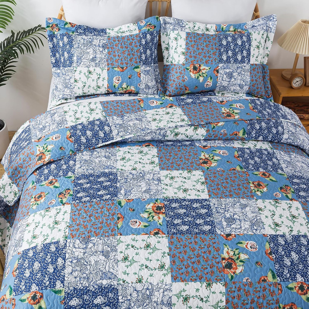 Reversible Boho Queen Quilt Set - Garden Pattern, 3 Pieces, Lightweight Bedsprea