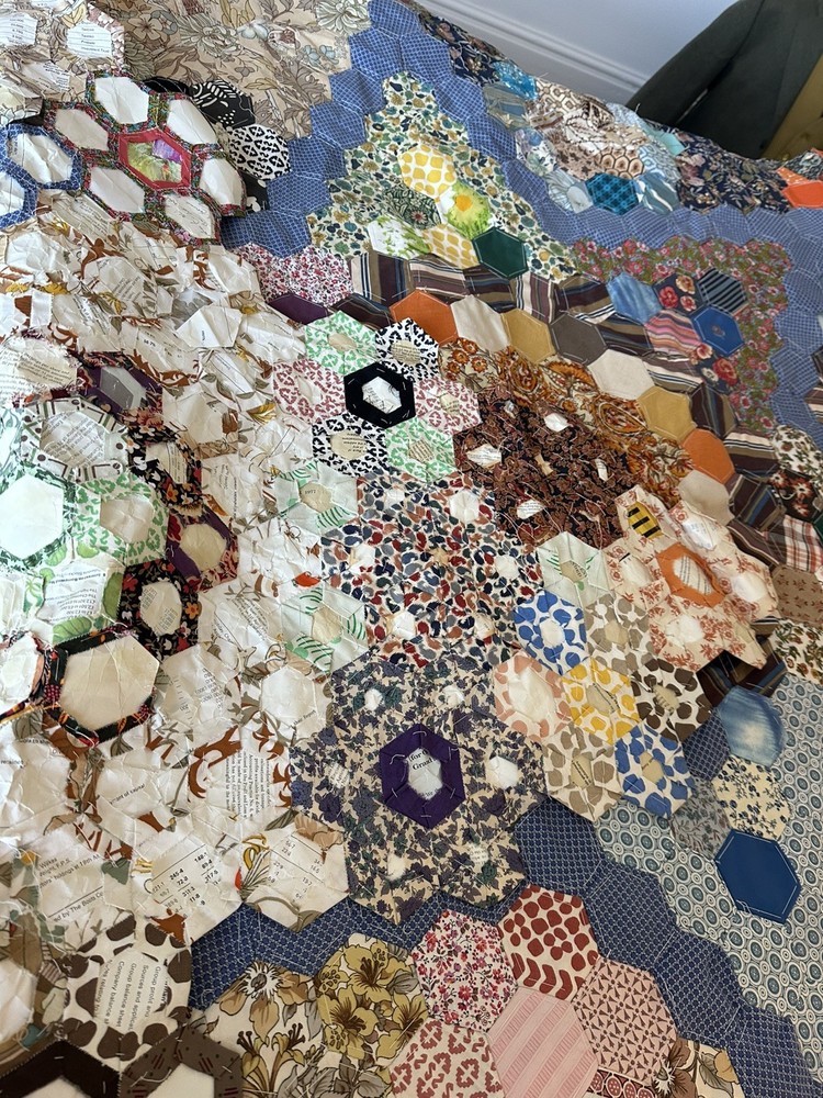 Vintage Handmade Patchwork quilt Unfinished project 96” x 90” hexagon