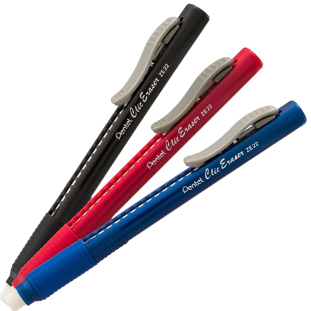 Pentel Clic Retractable Eraser with Grip, Assorted Barrel 3 Pack, Multicolor
