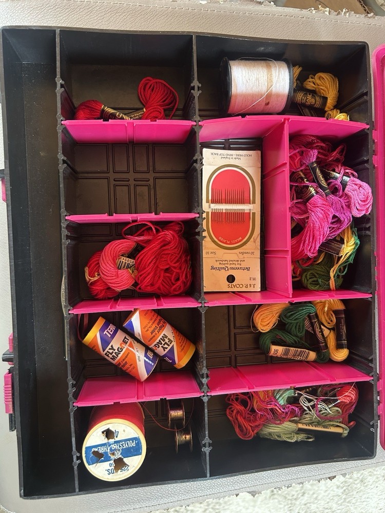 Pink Black Plastic Sewing Storage Box with Thread, Floss, Needles, Yarn