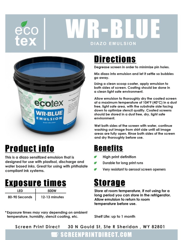 Ecotex® WR-BLUE - Water Resistant Diazo Screen Printing Emulsion - Quart- 32oz