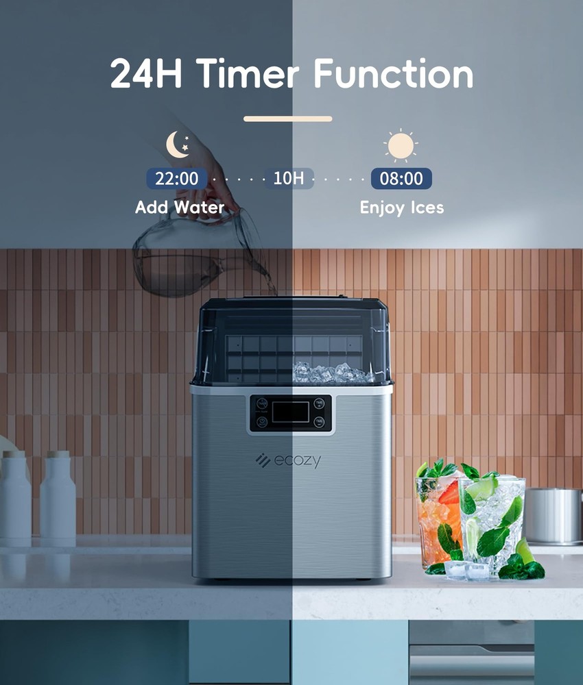 ecozy Ice Cube Maker Countertop, 45 lbs Per Day Ice Machine, 24 Cubes Ready