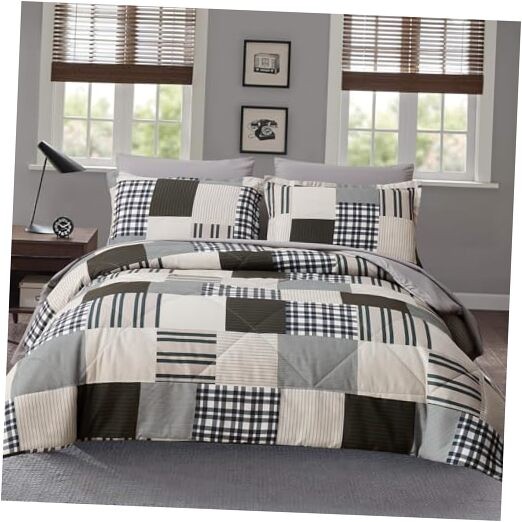 Comforter Set King Size Plaid Patchwork King-7 Pieces Buffalo Plaid Patchwork