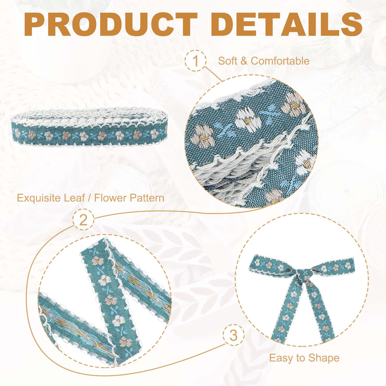 3 Yards Jacquard Ribbon Trim Floral Embroidered Ribbon Cyan
