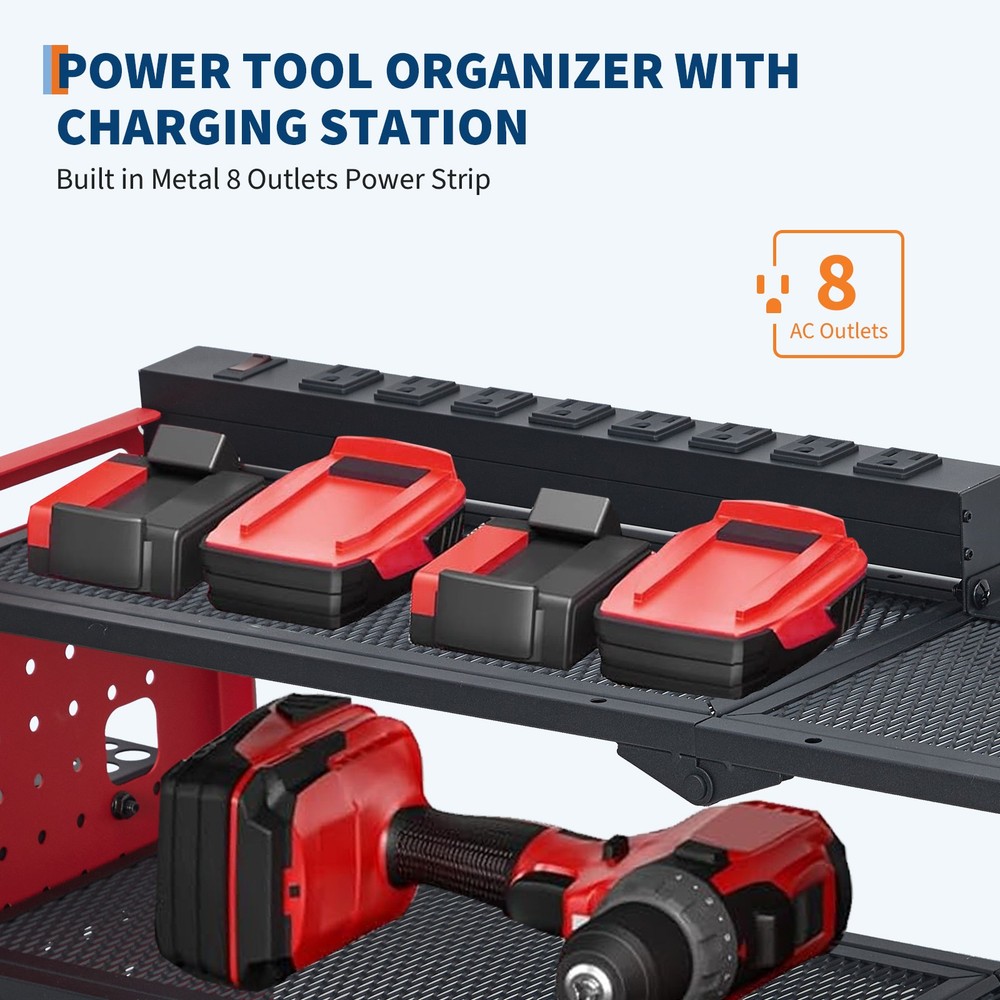 Power Tool Organizer 4-Layer 8 Drill Drill Holder Storage Wall Mount w/ Outlets