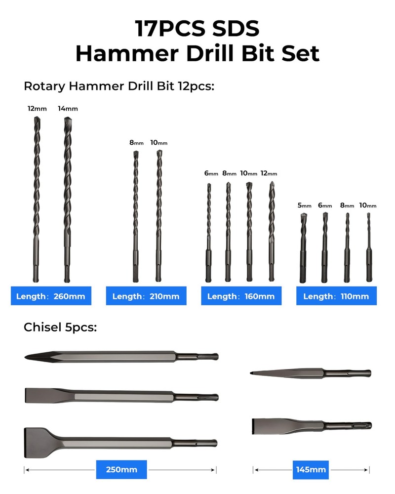 Rotary Hammer Drill Bits Set with Chisels-Masonry Drill Bit Set,SDS Plus 17PCS C