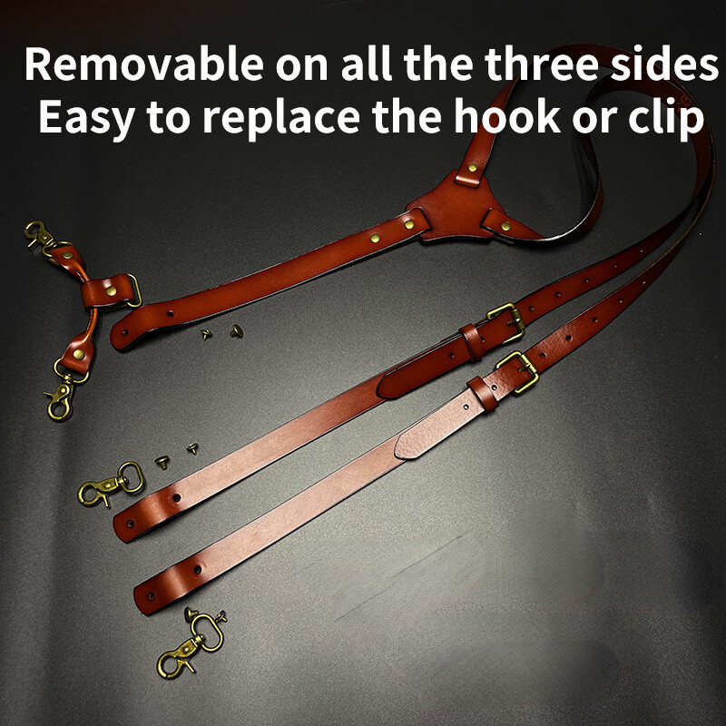 Vintage Brown Leather H Back Suspenders Belts 4 Brass Hooks For Men Male Work