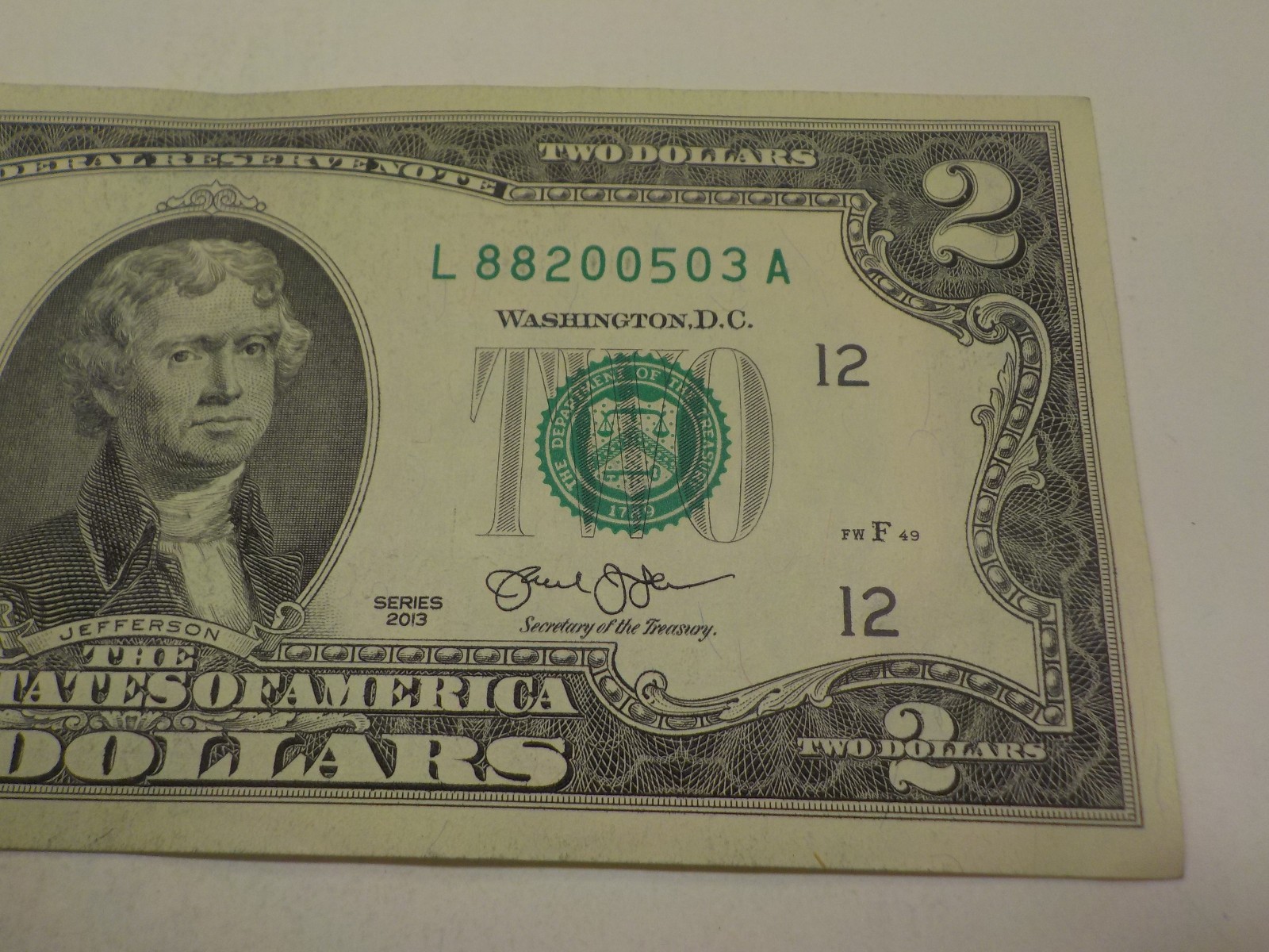UNC $2 INK ERROR BOTH SERIAL NUMBER 0s & 8s FILLED IN L88200503A TWO DOLLAR BILL